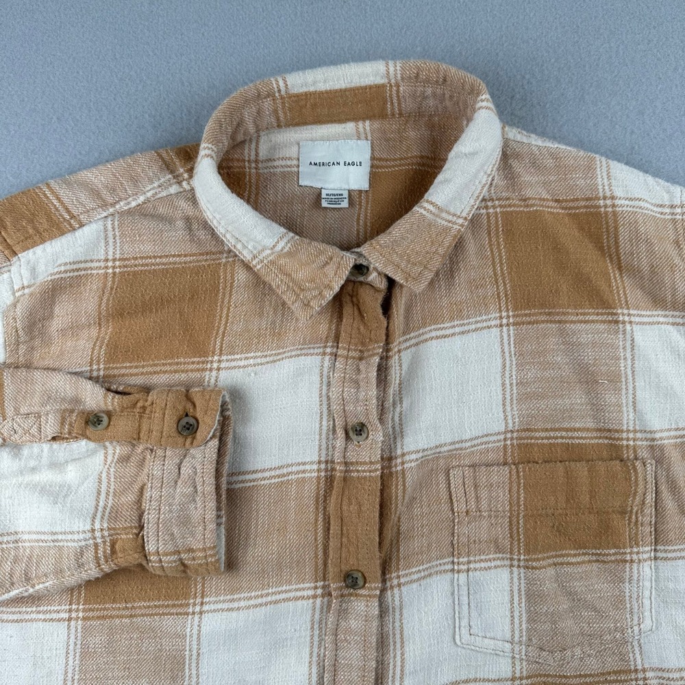 American Eagle Plaid Shirt Women XL Tan White Cotton Long Sleeve Button Up